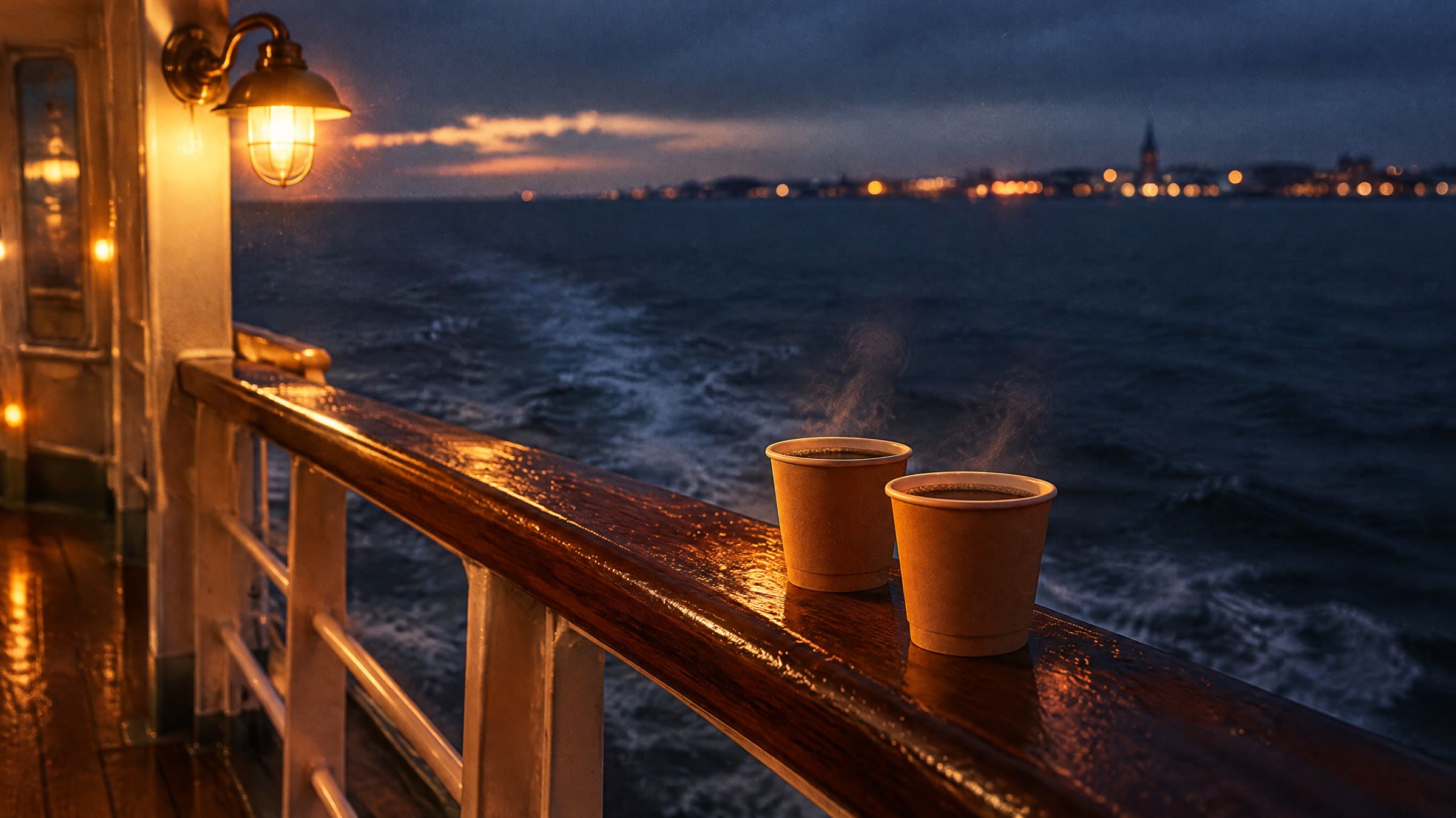 Rælingen på en færge i skumringen med to papkrus kaffe på rælingen og havet bag.