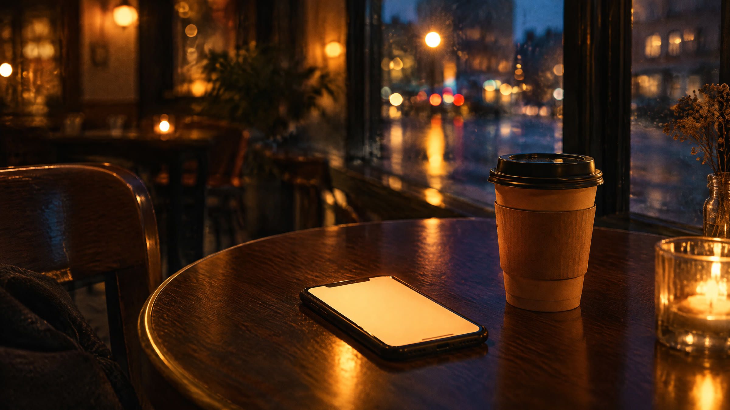 En telefon med tom, lysende skærm på et cafébord i blå time, en kaffe ved siden af.