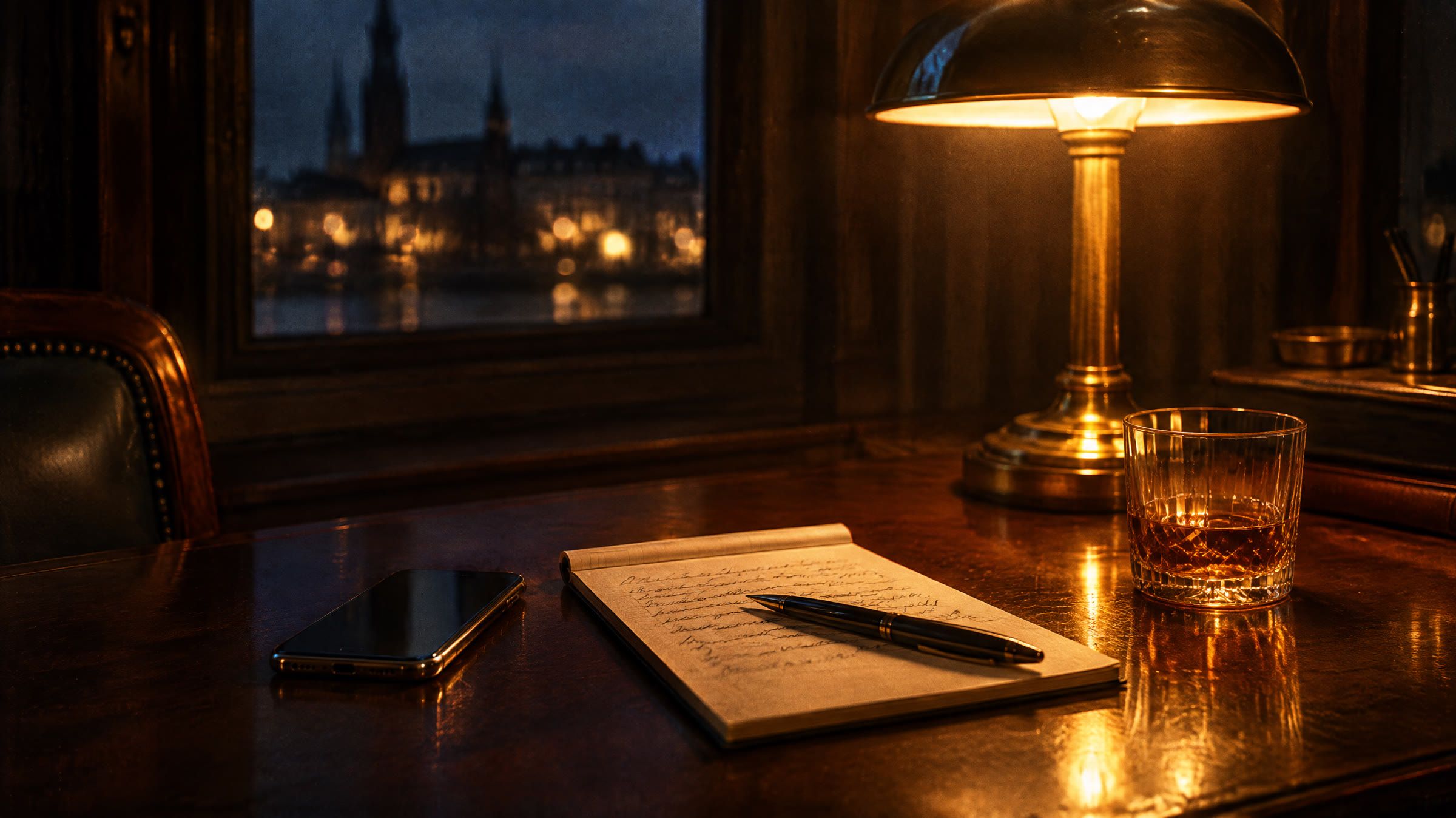 En telefon og en notesblok med ulæselig håndskrift på et skrivebord under en lampe, en kuglepen på blokken.