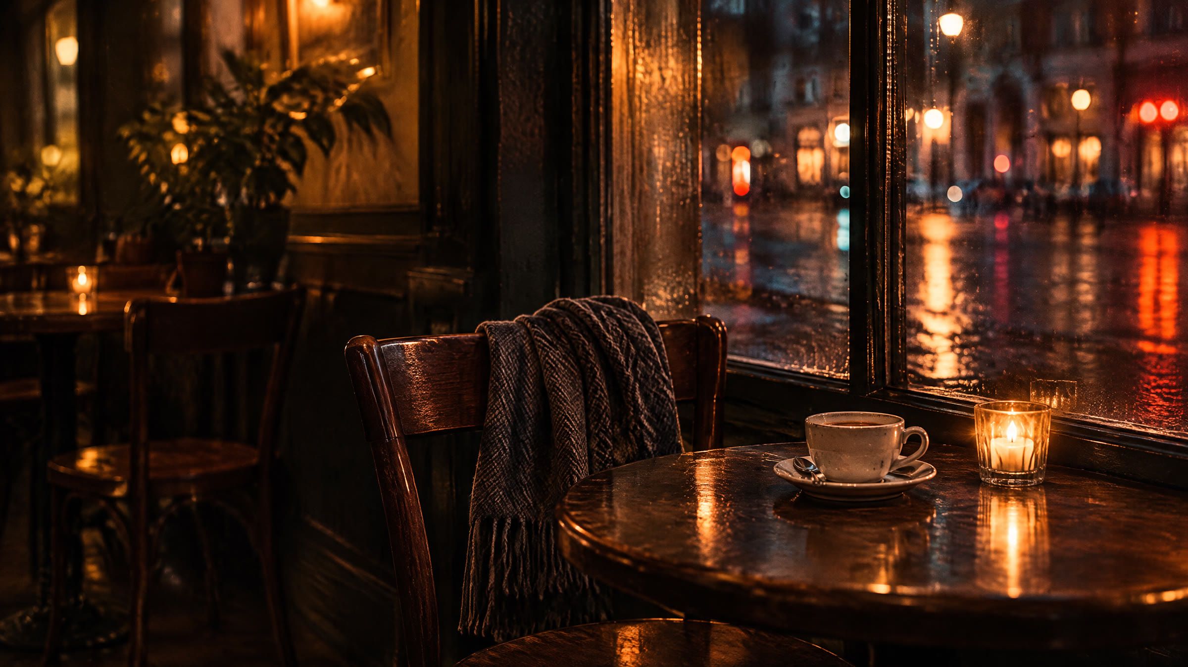 Et halstørklæde glemt på en cafestol ved et vindue, en kop står stadig på bordet.