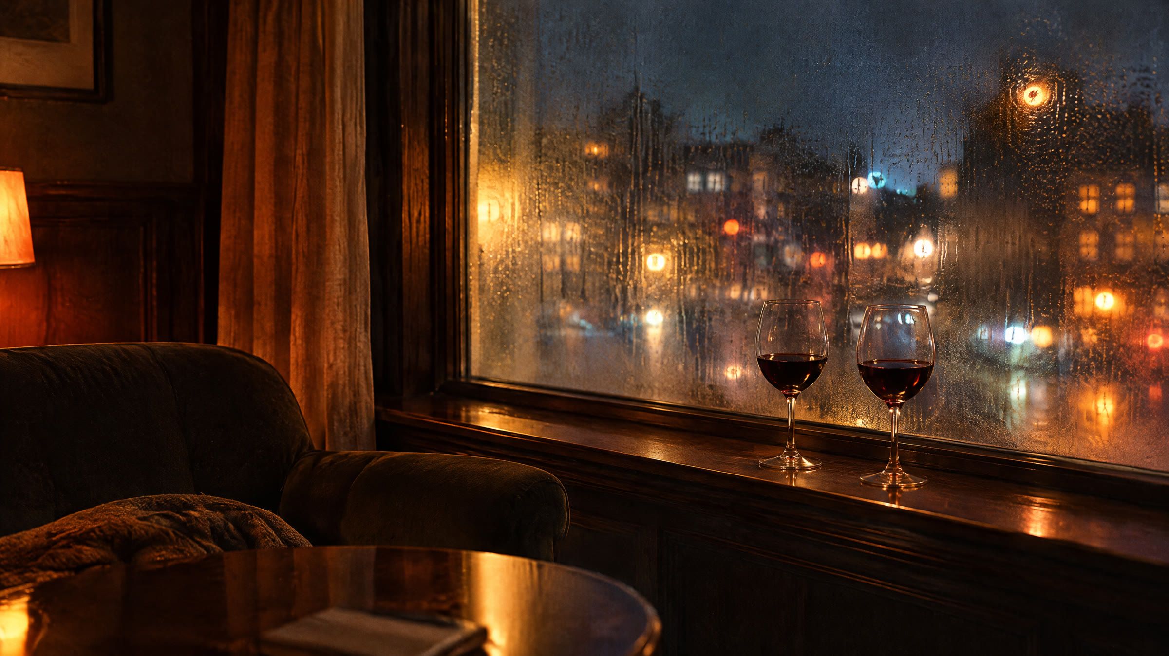 Et dugget hotelvindue om natten med to vinglas i vindueskarmen og byens lys udenfor.