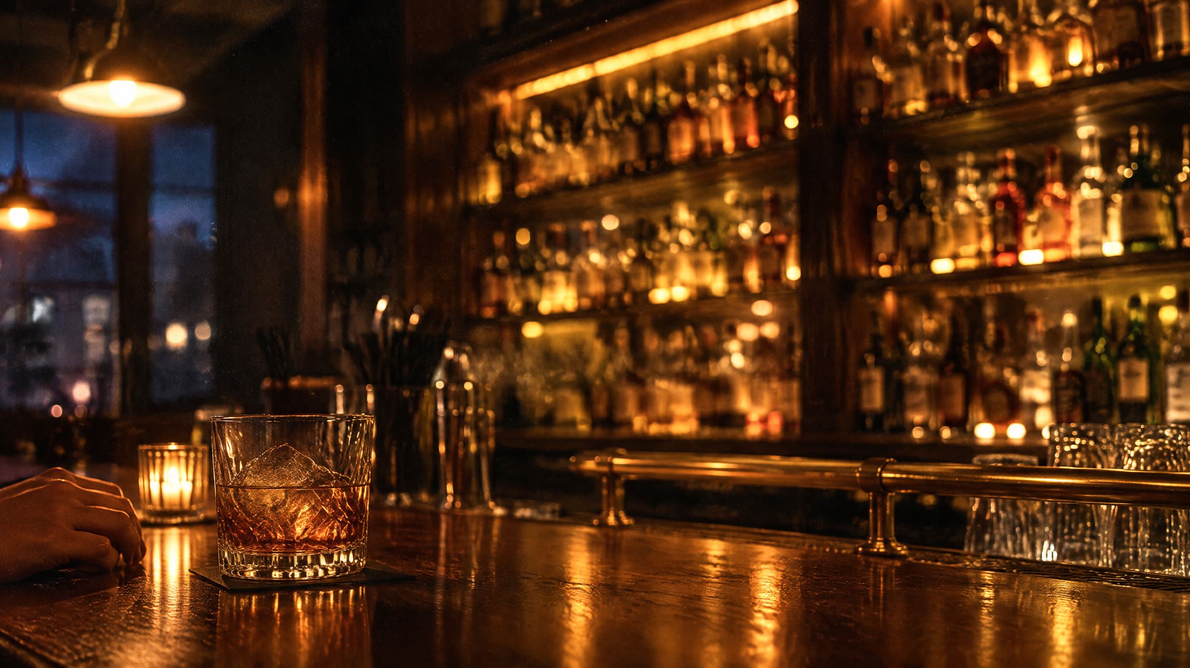 Bagvæggen i en dansk bar i varmt lys, rækker af flasker og en messingstang, ude af fokus.