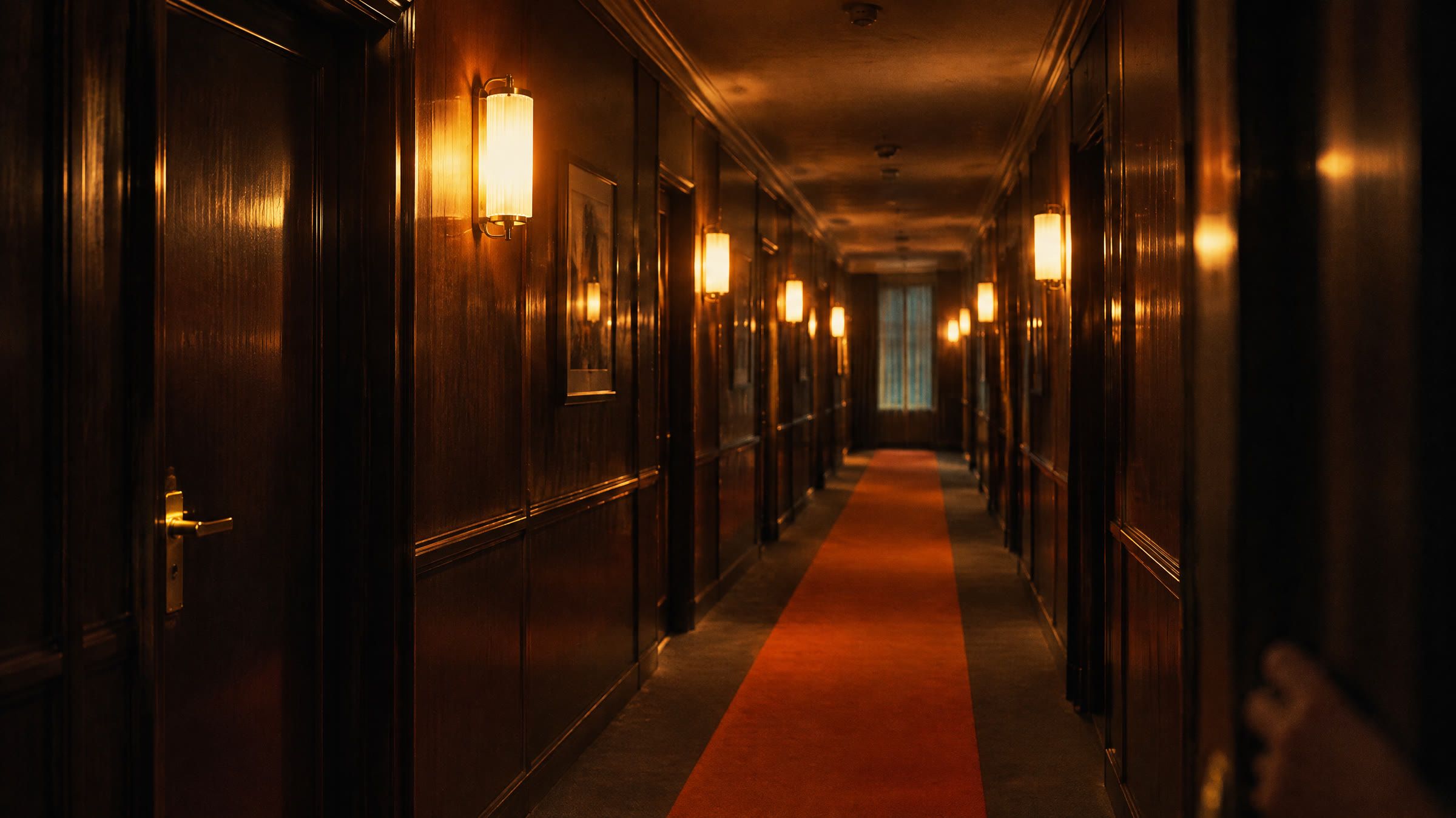 En lang hotelgang om natten med nummererede døre og en orange stribe i tæppet.