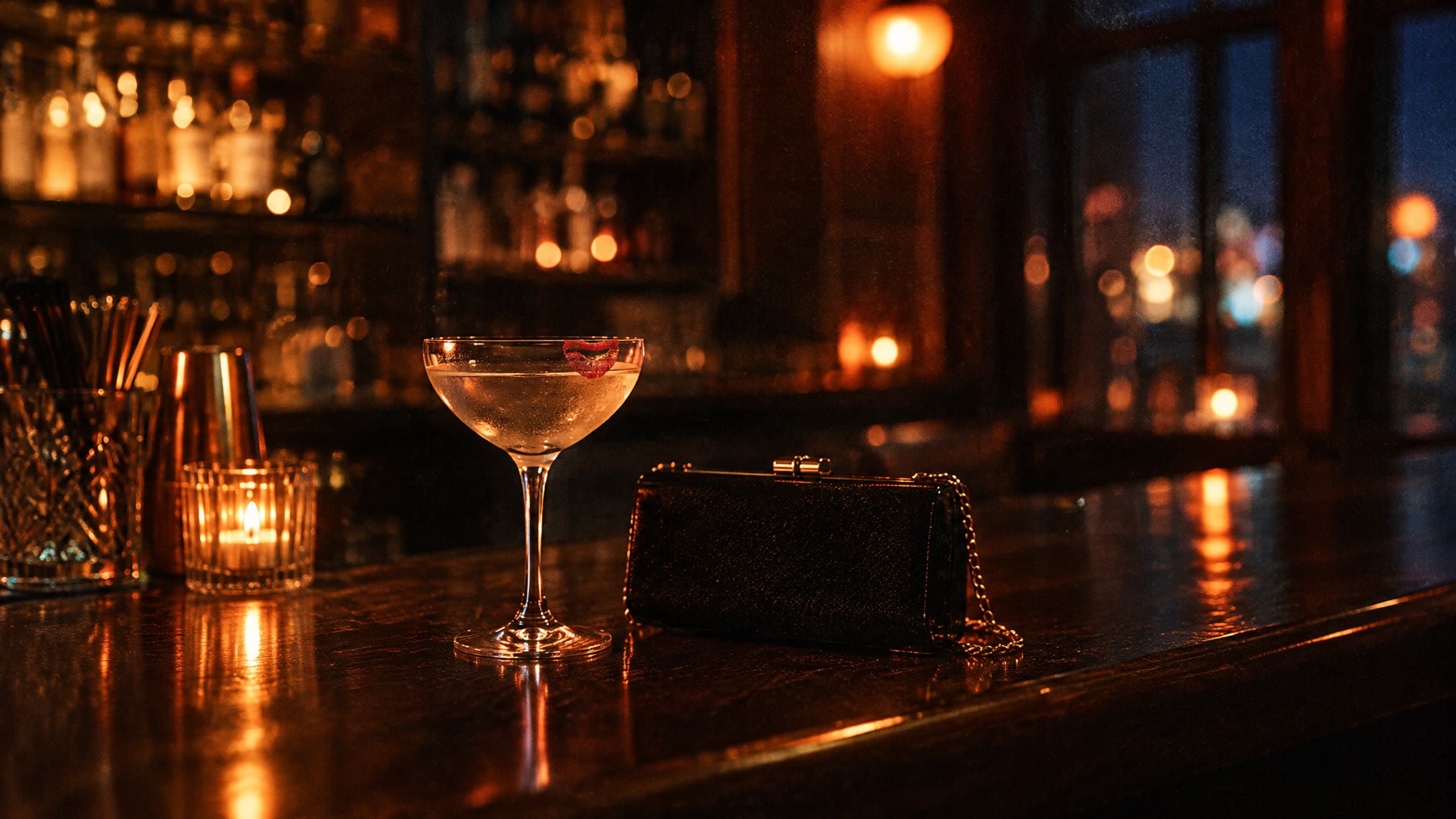Et cocktailglas med rødt læbestift på kanten ved siden af en lille sort clutch på en mørk bardisk.