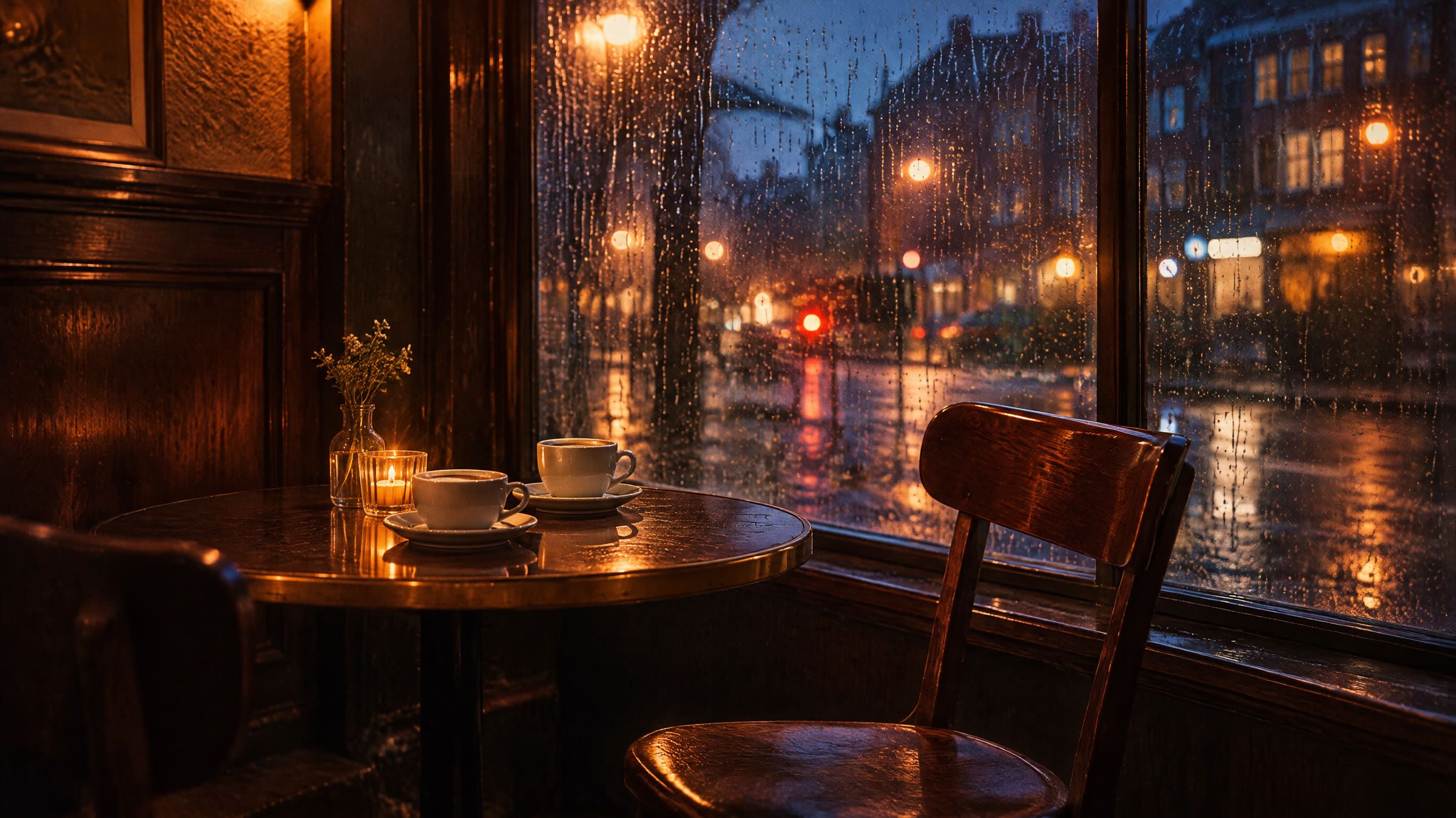 To kaffekopper på et lille cafébord ved et regnvådt vindue i skumringen, den ene stol trukket ud.