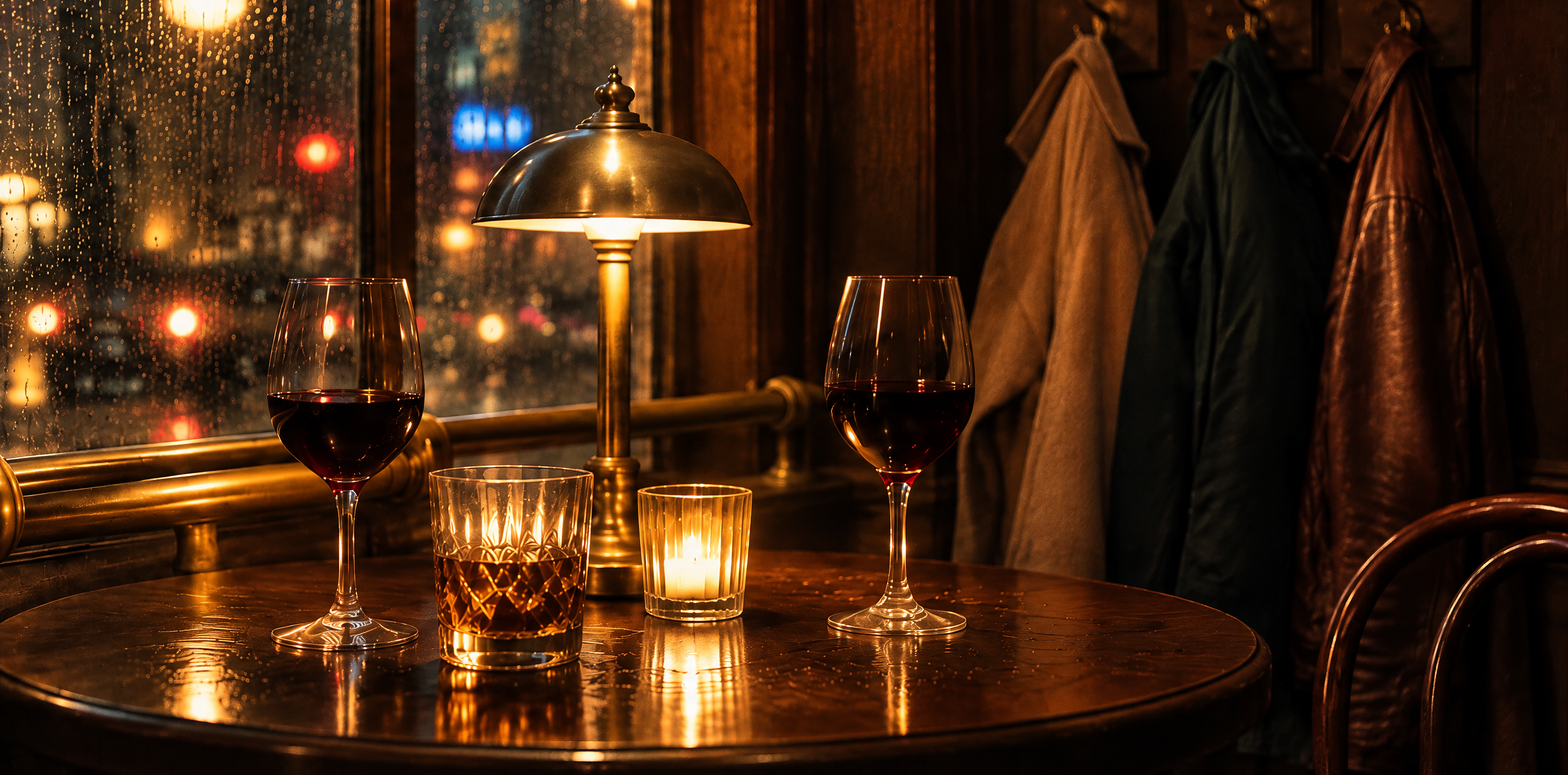Et lille rundt bord ved et regnvådt barvindue om aftenen: to glas rødvin, et whiskyglas, et fyrfadslys og en messinglampe. Tre frakker hænger på knagerne ved siden af.