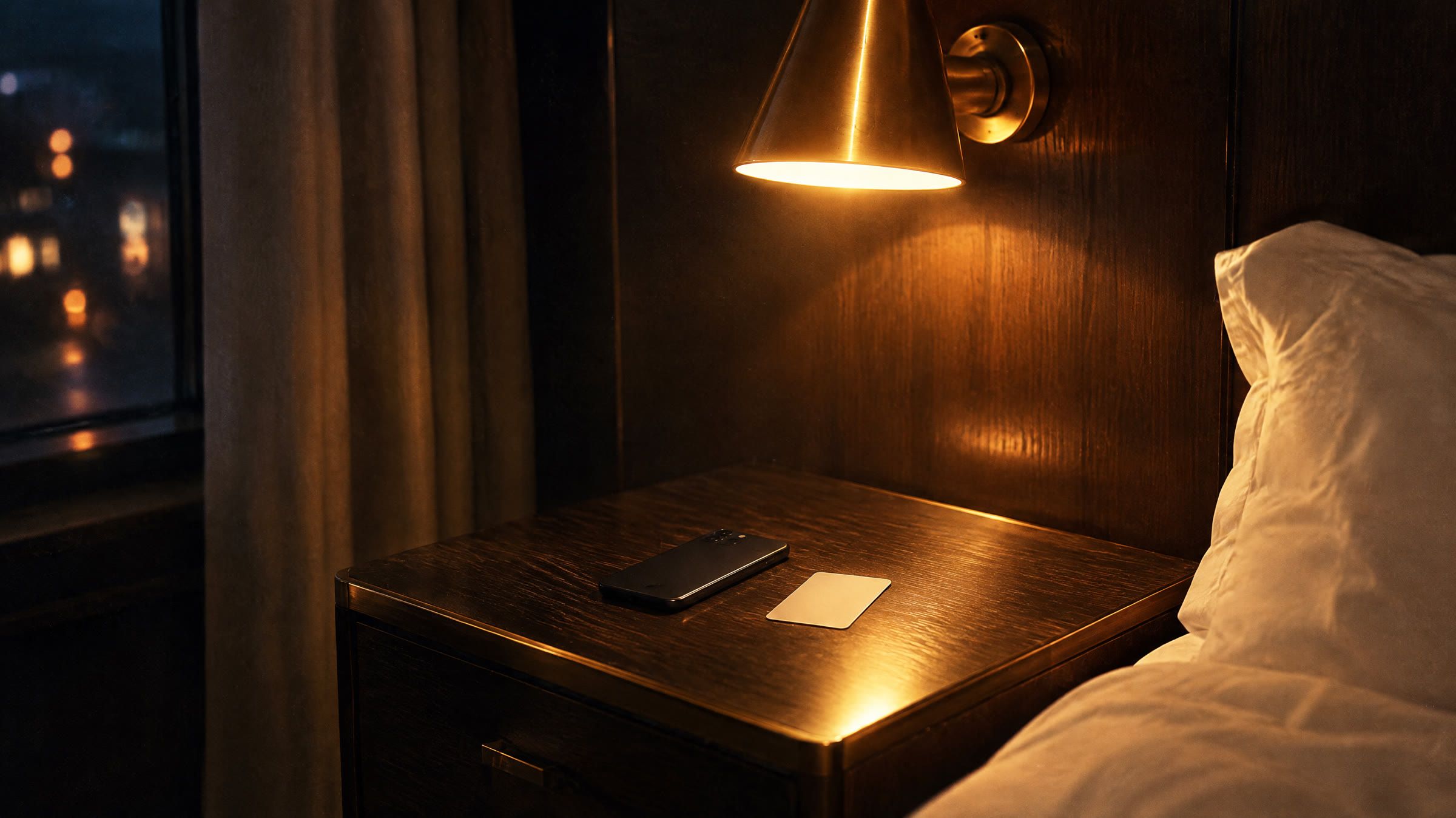 Et hotelnatbord med en tændt væglampe, en telefon med skærmen nedad og et nøglekort.