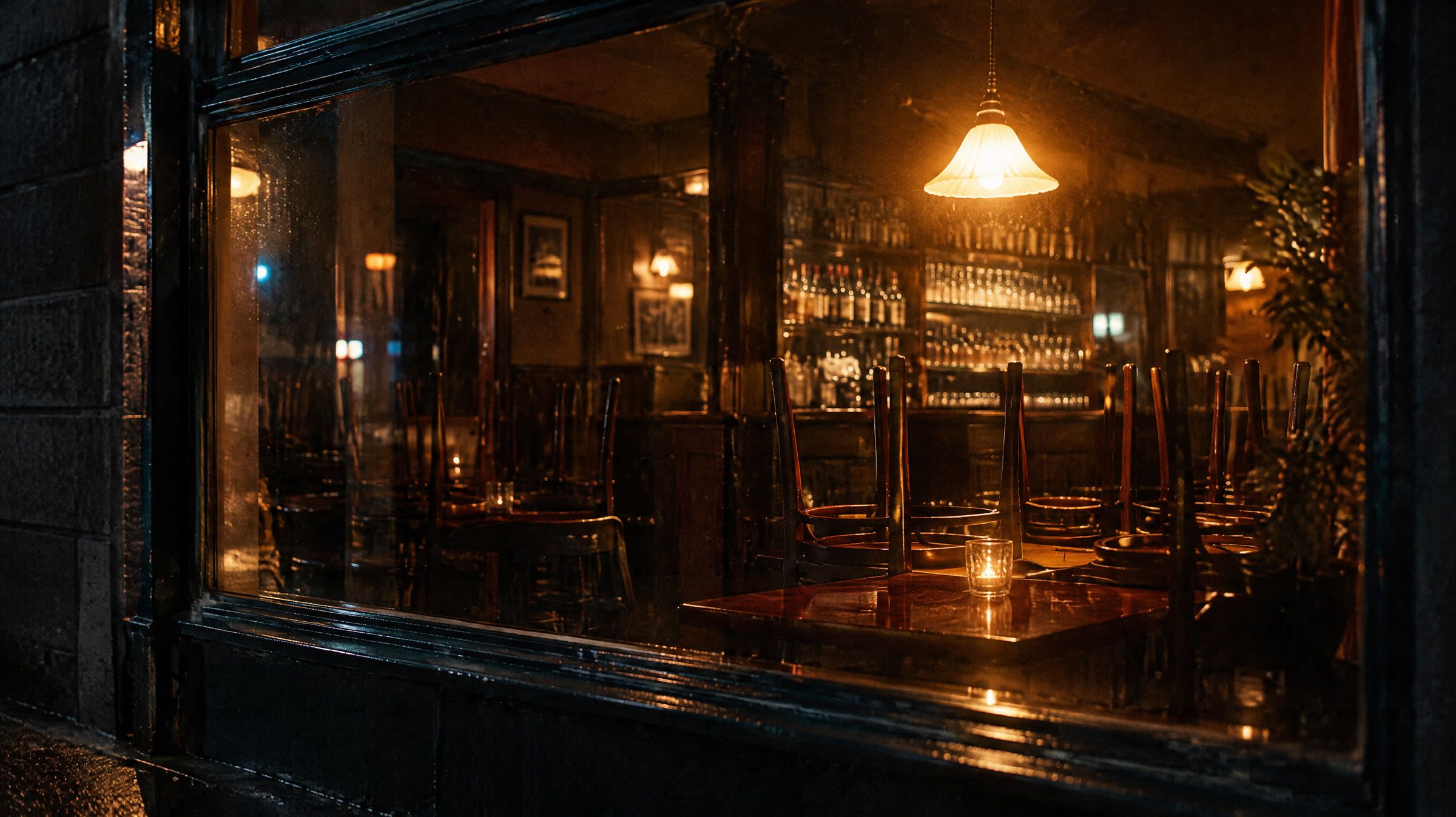En lukket bar om natten set gennem ruden, stolene står på bordene, en enkelt lampe er stadig tændt.