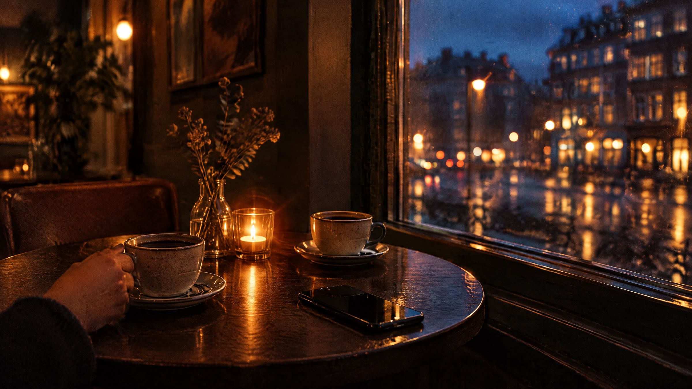 Et cafébord ved et vindue i skumringen med to kopper og en telefon.
