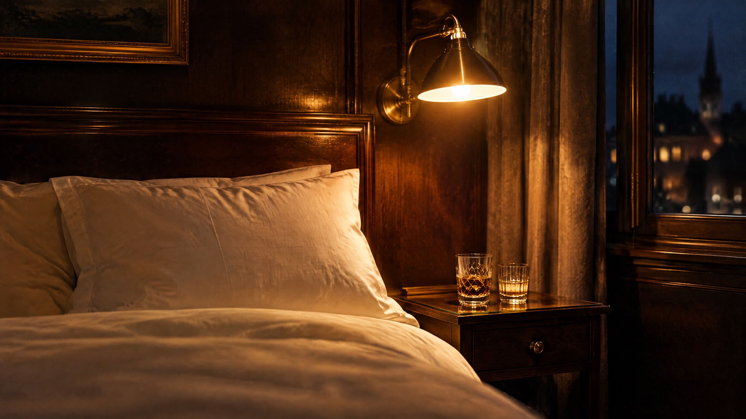 En hotelseng med hvide lagner under en tændt væglampe i messing, to glas på natbordet.