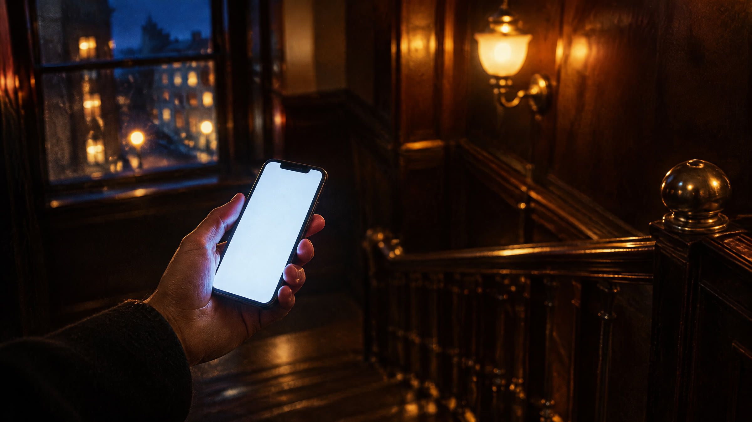 En hånd, der holder en telefon i en mørk opgang; den tomme skærm lyser fingrene op.