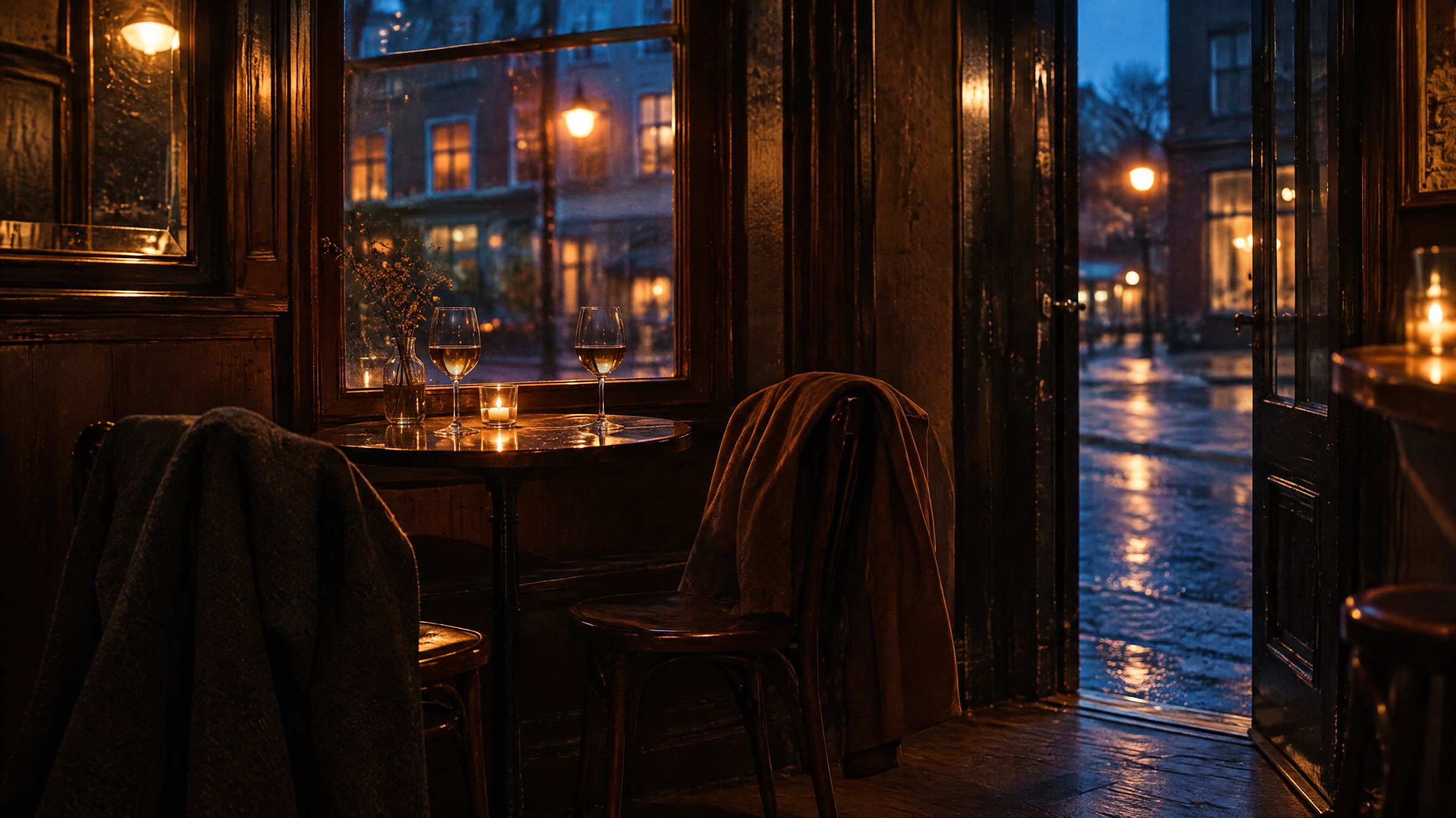 To glas på et lille barbord ved et vindue i blå time, to frakker på stolene og døren til gaden på klem.