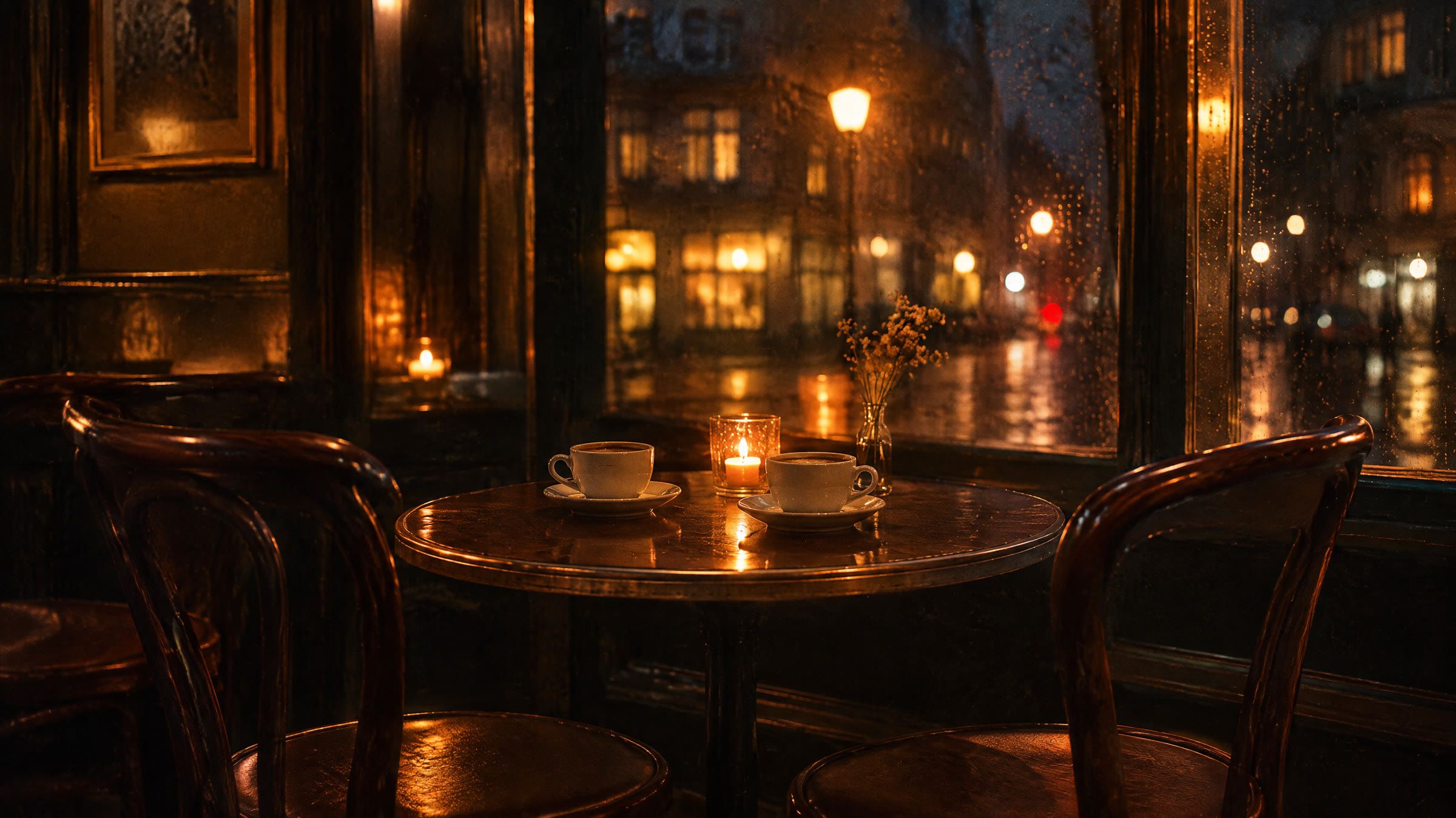 To kaffekopper tæt sammen på et cafébord, de to stole vendt mod hinanden.